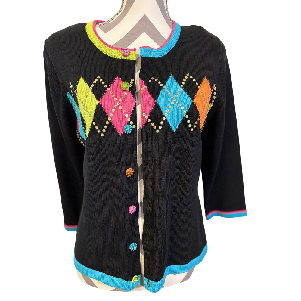 Jack B Quick Vintage Cardigan Black Colorful Small Neon Argyle Sequin Buttons